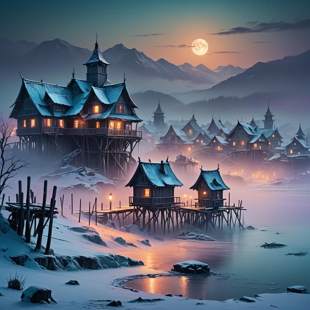 Icy Dark Fantasy Village on Stilts in Moonlight