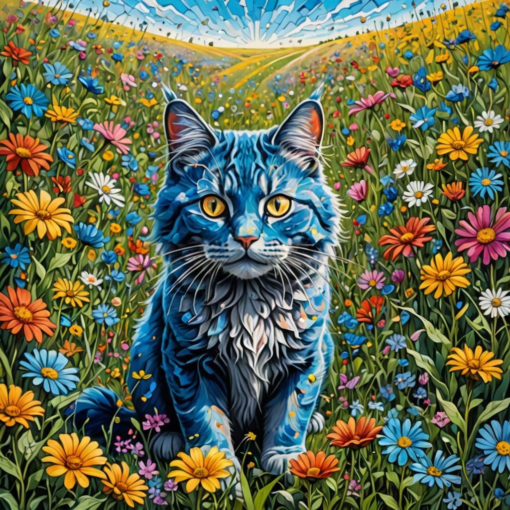 Blue Cat Plays in Wildflowers: Crayon Surrealism