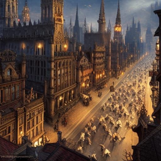Vampires in a Crowded Gothic City Street
