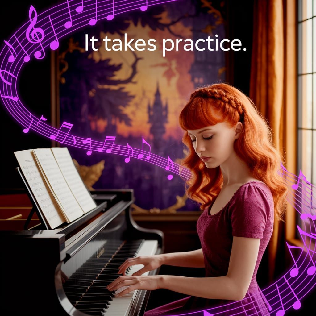 Red-Haired Woman Plays Piano in Fantasy Setting