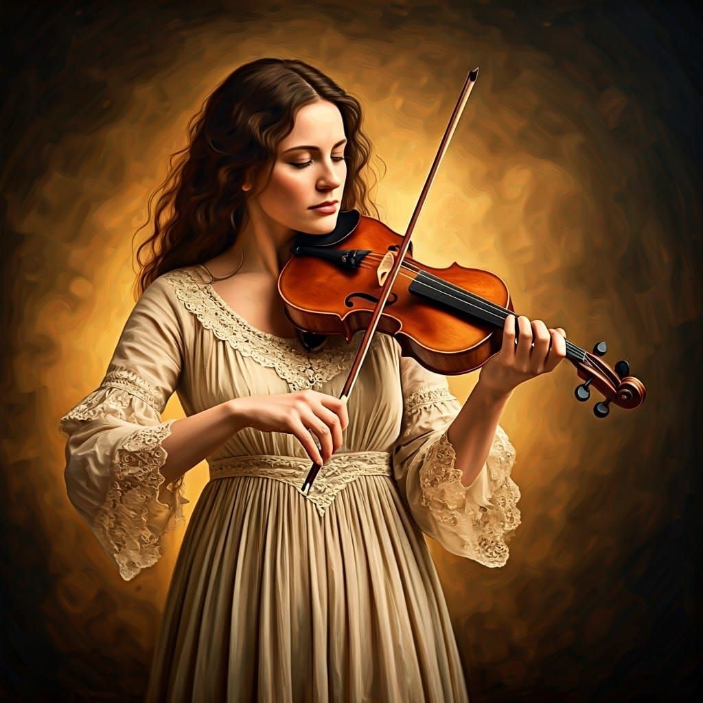 Woman in Moody, Impressionist Landscape, Playing Fiddle with...