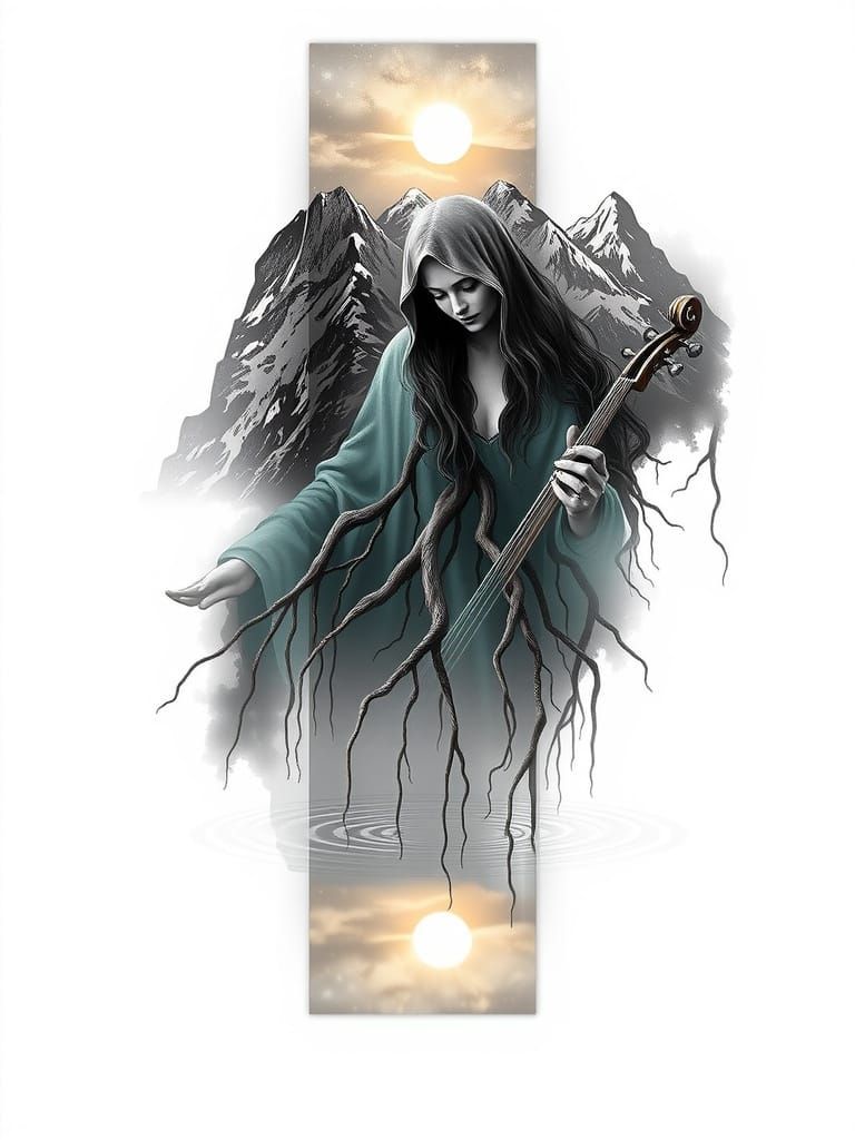 Mystic Mountains and Goddess in Celestial Sky