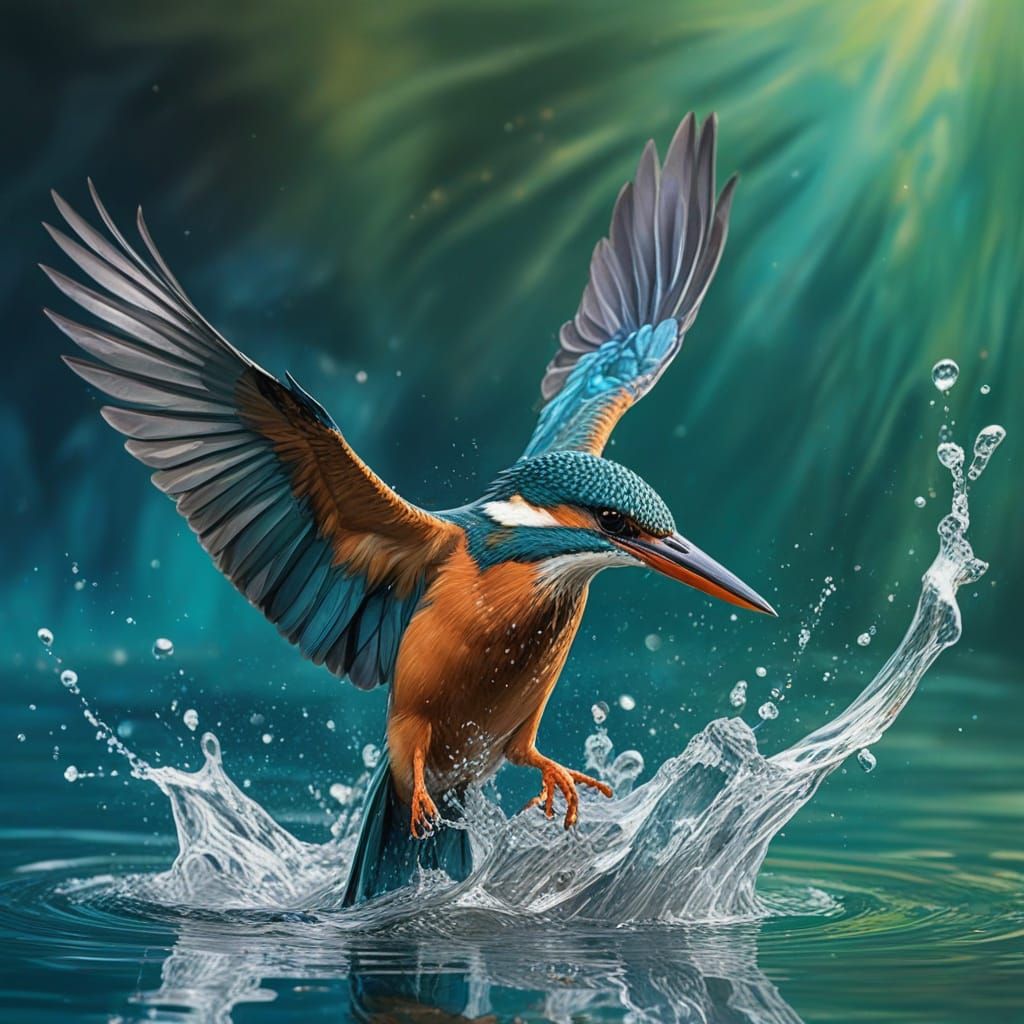 Kingfisher Diving into River in Splash Art Style