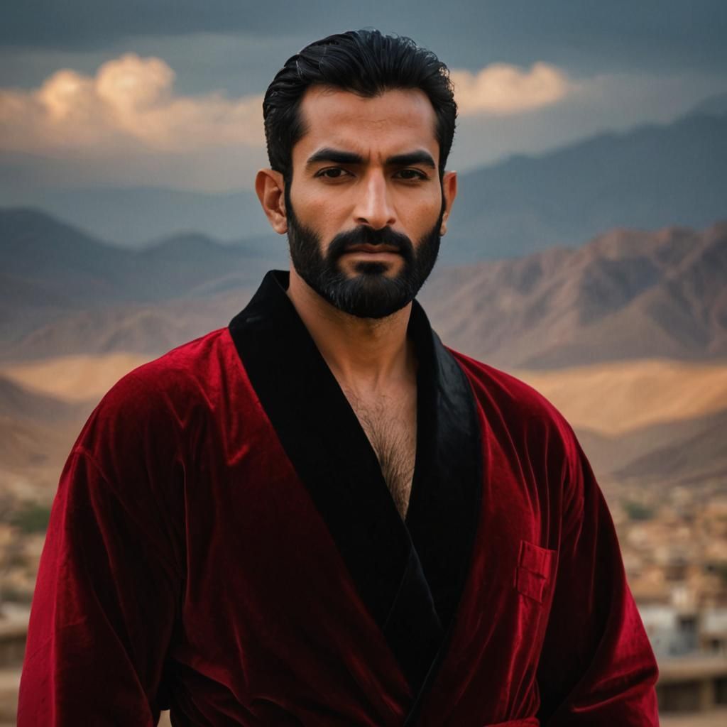 Iranian Man in Red Bathrobe, Impasto Oil Painting