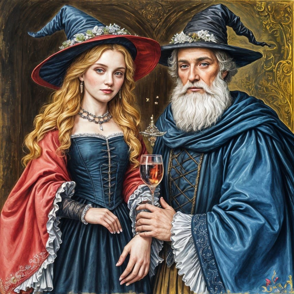 Old Masters style family portrait showing a blonde witch and a blonde wizard dressed in 17th century clothing on their w...