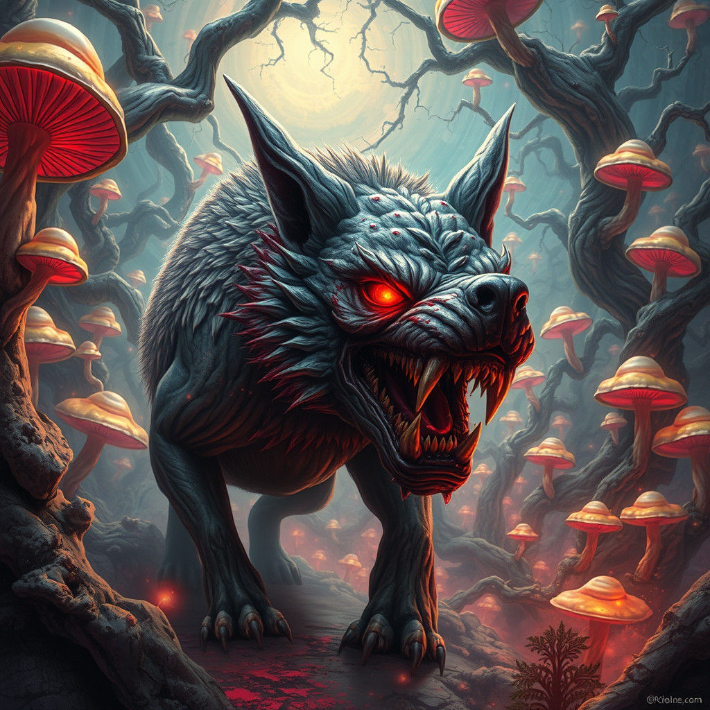 Grotesque Canine in Psychedelic Forest, Matte Painting