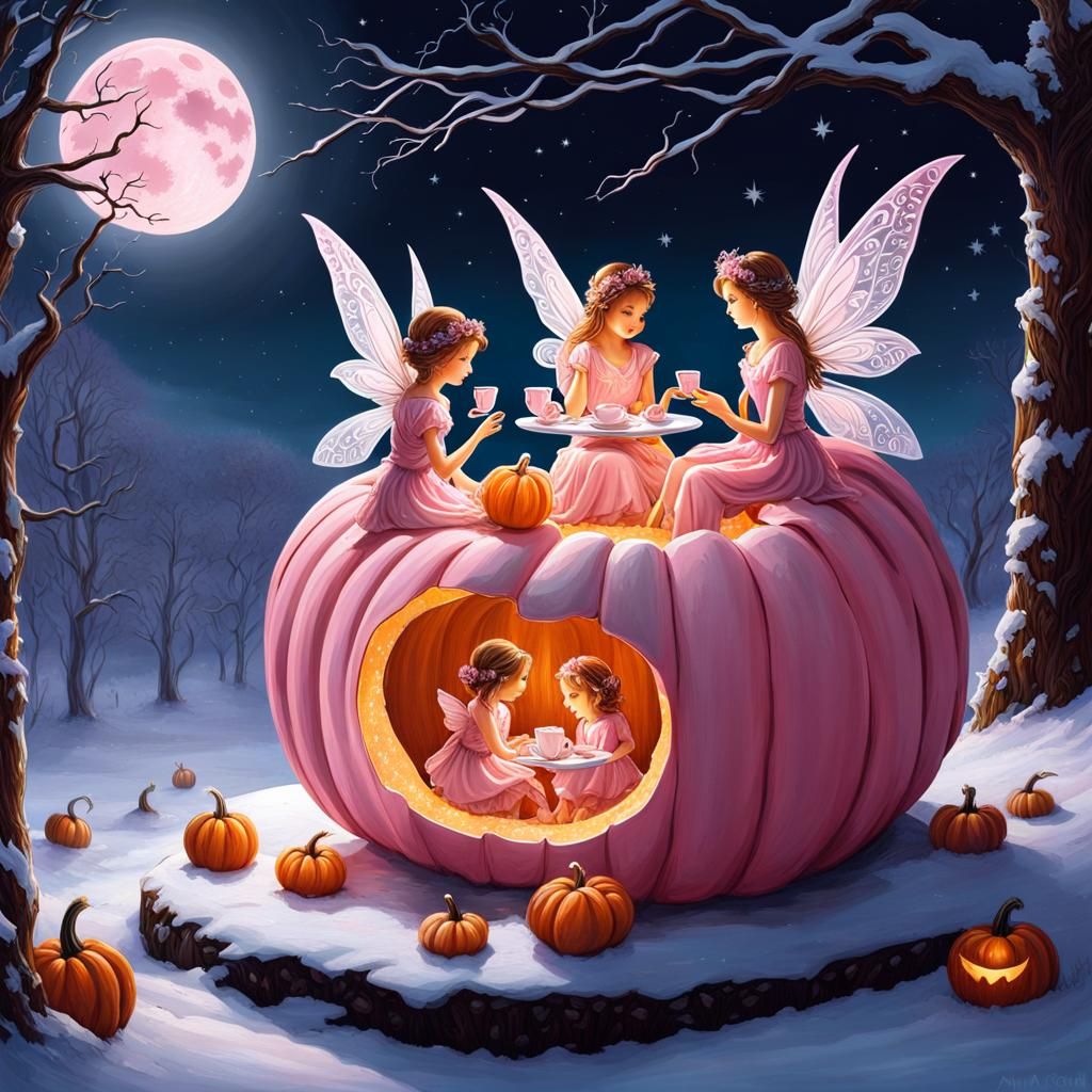 Fairies' Tea Party Inside a Pink Pumpkin