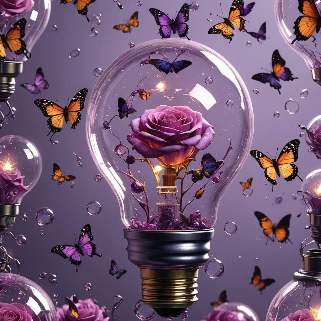 Rose in Lightbulb with Bubbles: Detailed Matte Painting