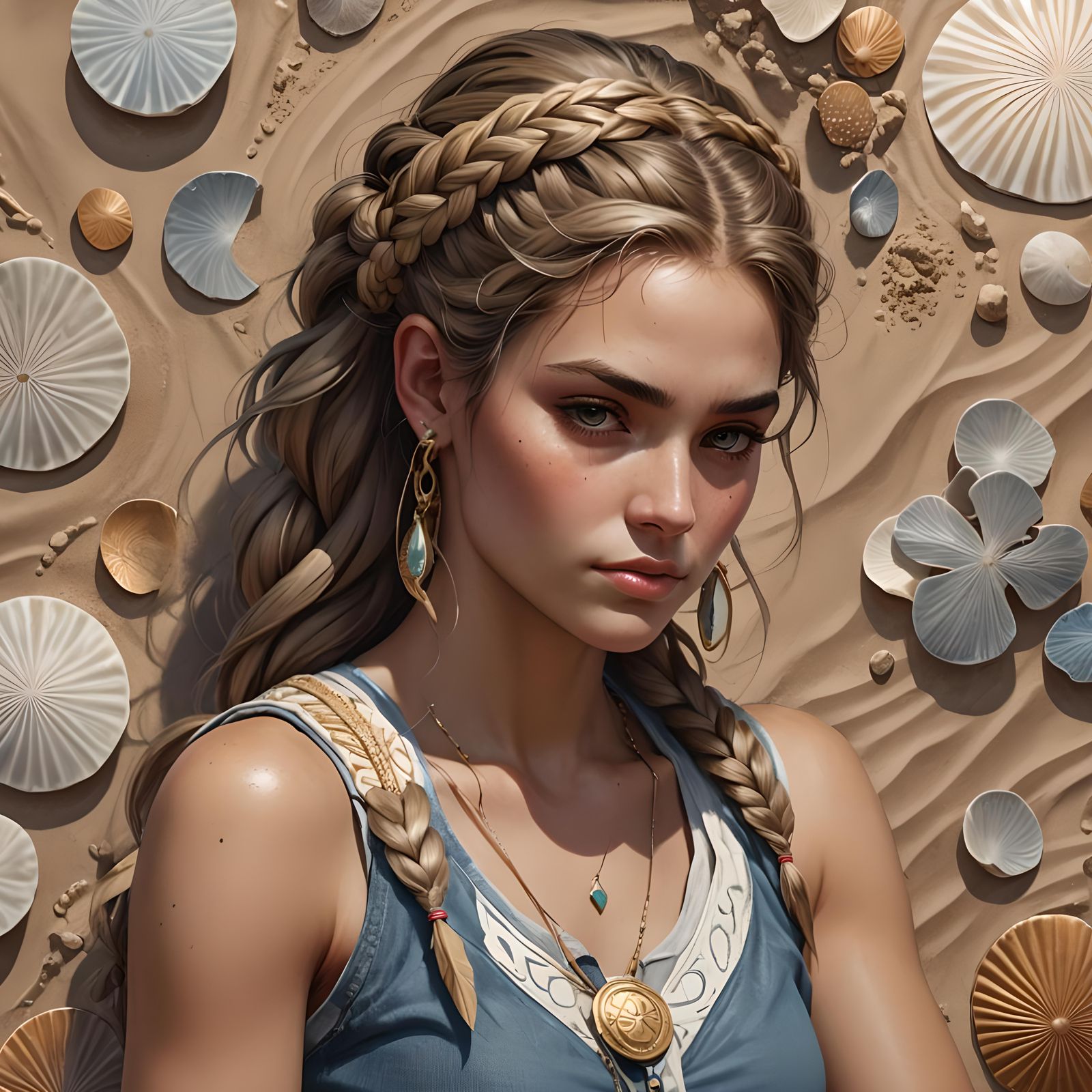 Greek Woman Portrait on Sand Dollar, Detailed Digital Art