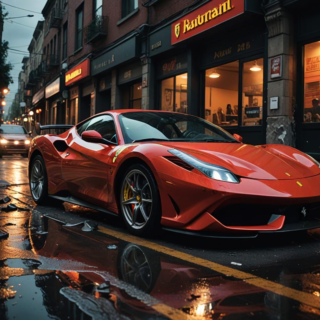 High-Octane Ferrari Crash in Gritty Cityscape