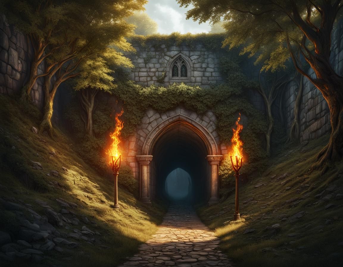 Hero's Torchlit Path Through Medieval Tunnel