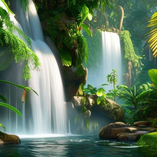 Detailed Jungle Landscape Painting with Waterfall