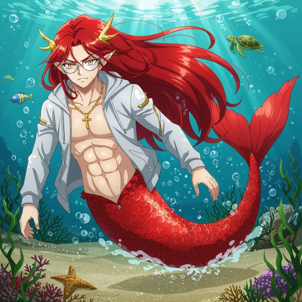 Anime Merman with Amber Mermaid Tail and Gold Cross
