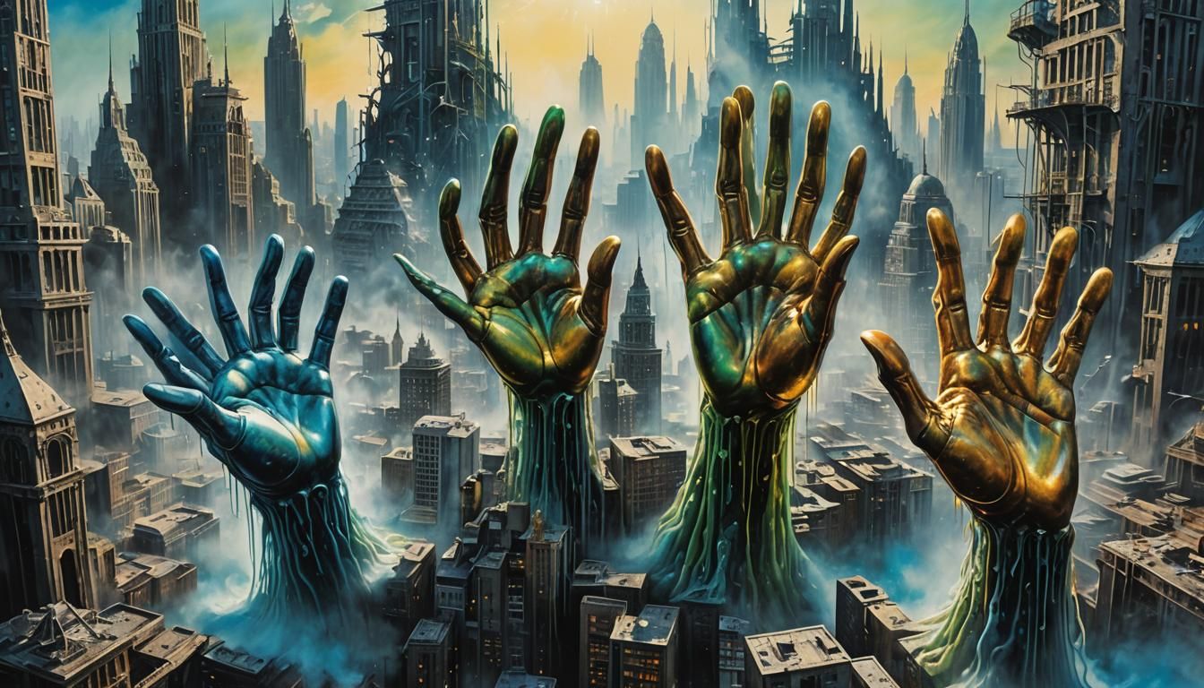 Surreal Holographic Hands Over Melting Cityscape