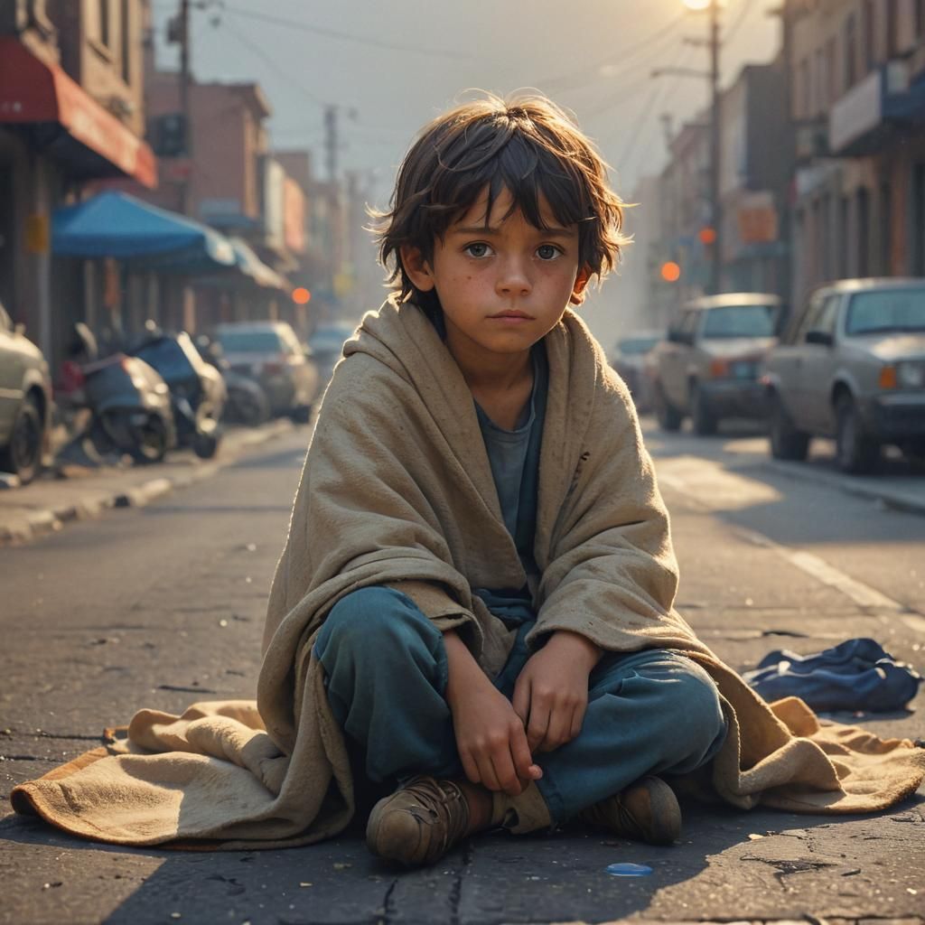 Low-Poly Homeless Child in Golden Light