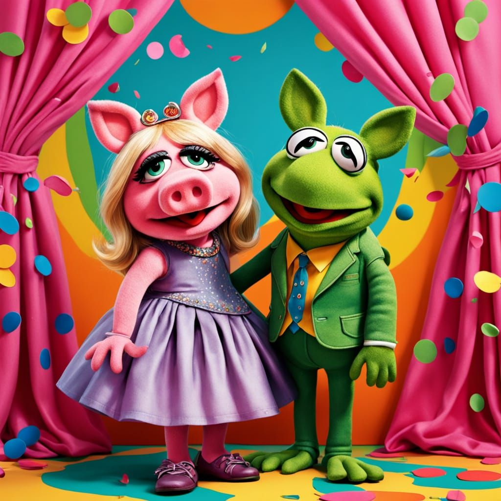 Kermit and Miss Piggy in Vibrant Stage Splash Art