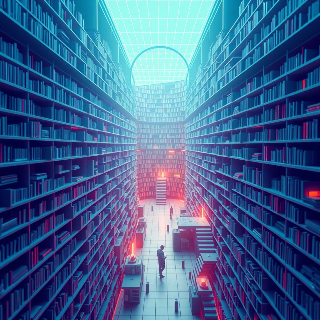 Infinite Isometric Library with Cyan Lines