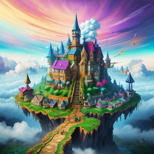 Fantasy Village in the Clouds: Hyperreal and Vibrant