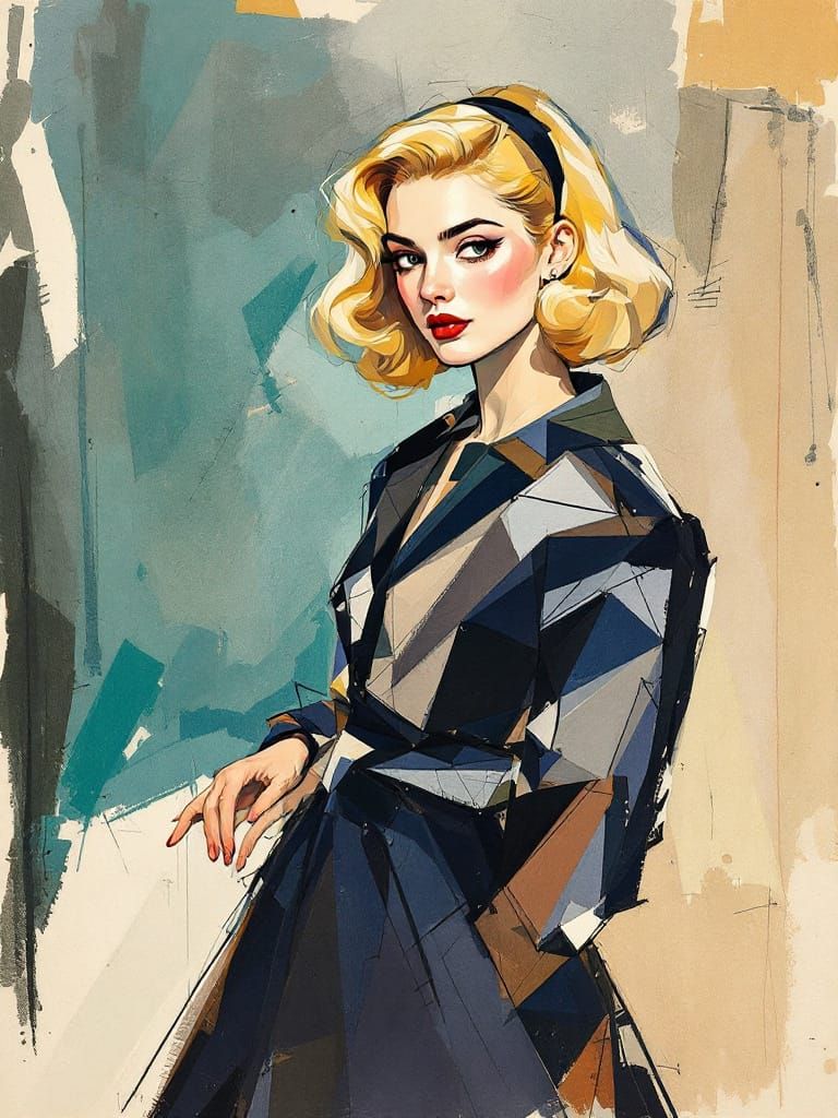 Blonde Pin-Up Woman in Geometric Style