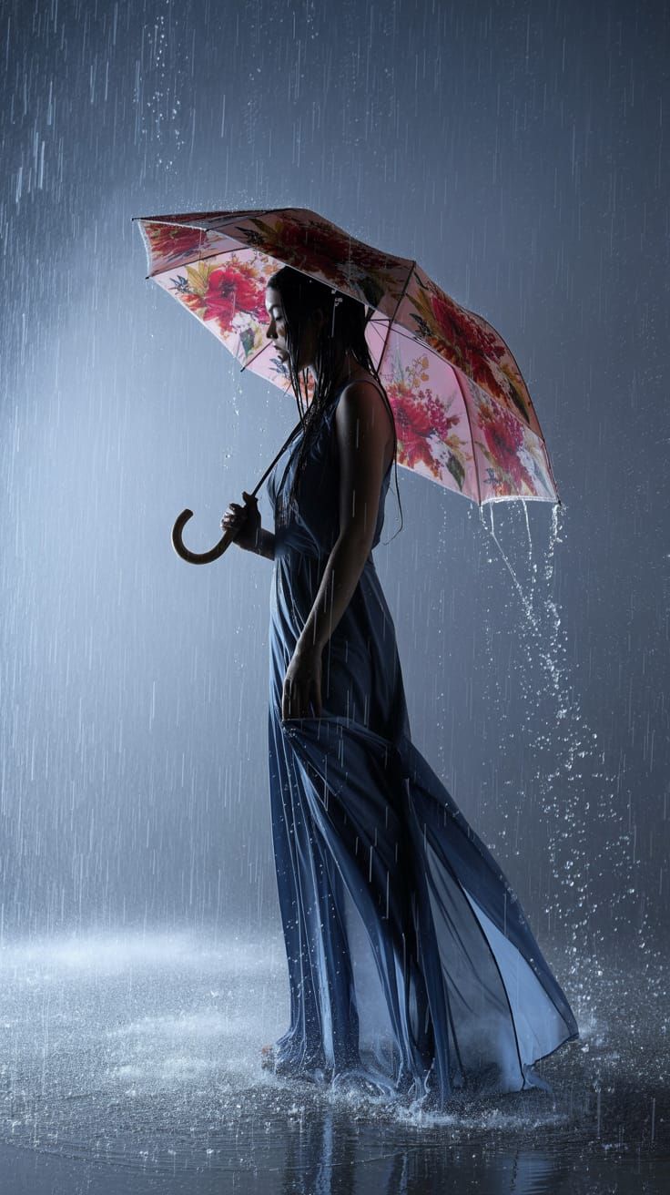 Woman with Floral Umbrella in the Rain