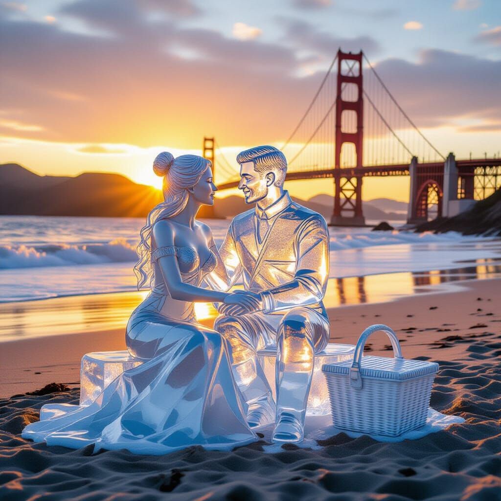 Ice Sculpture Couple Embracing at Sunrise Beach
