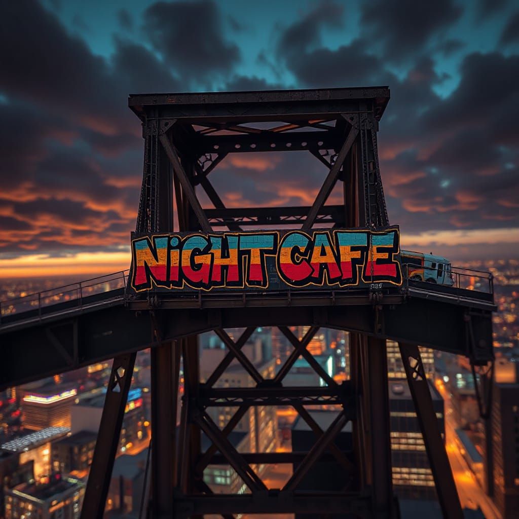 Atompunk Cityscape with Bold Graffiti and Roll Clouds