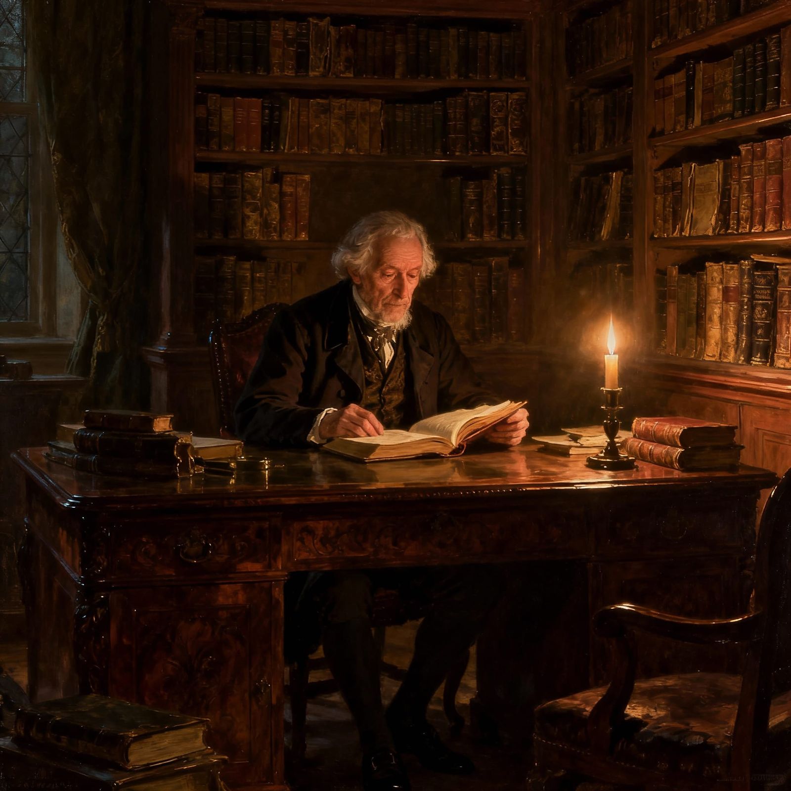 Elderly Man Reading by Candlelight in Victorian Study