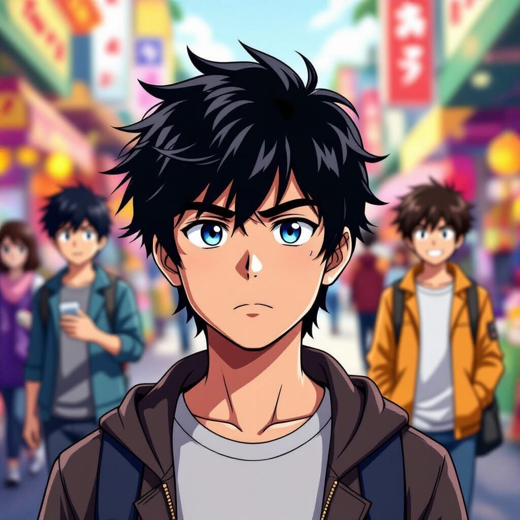 Anime Style Face in Crowded Market