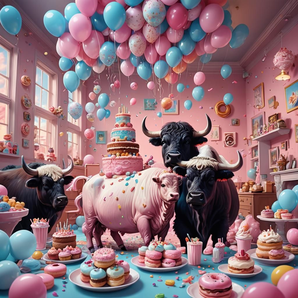 Buffalo and Yak Party with Sweets, Fantasy Art