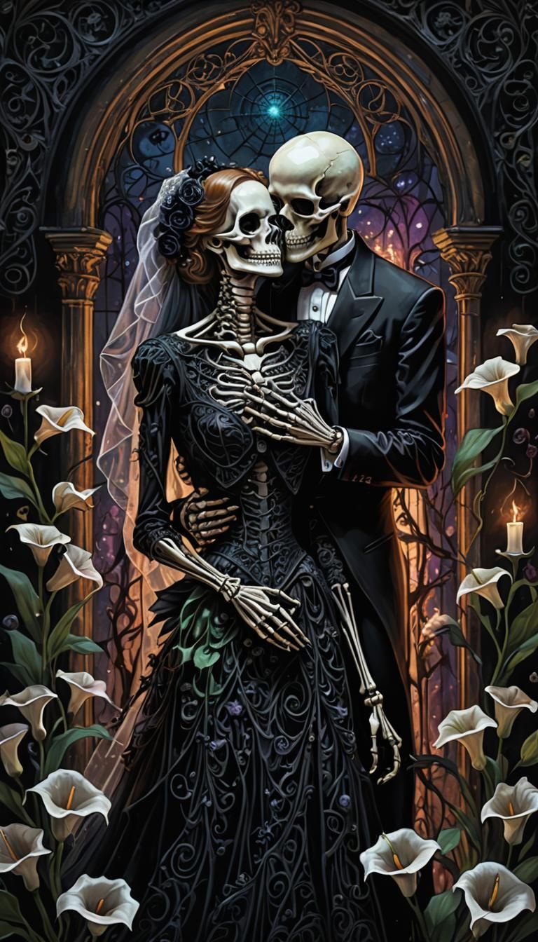Gothic Skeletons Embrace in Dark Floral Scene