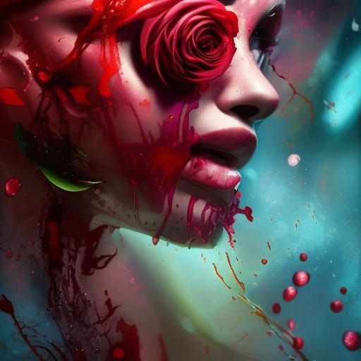 Hyperrealistic Bleeding Rose with Colorful Splashes