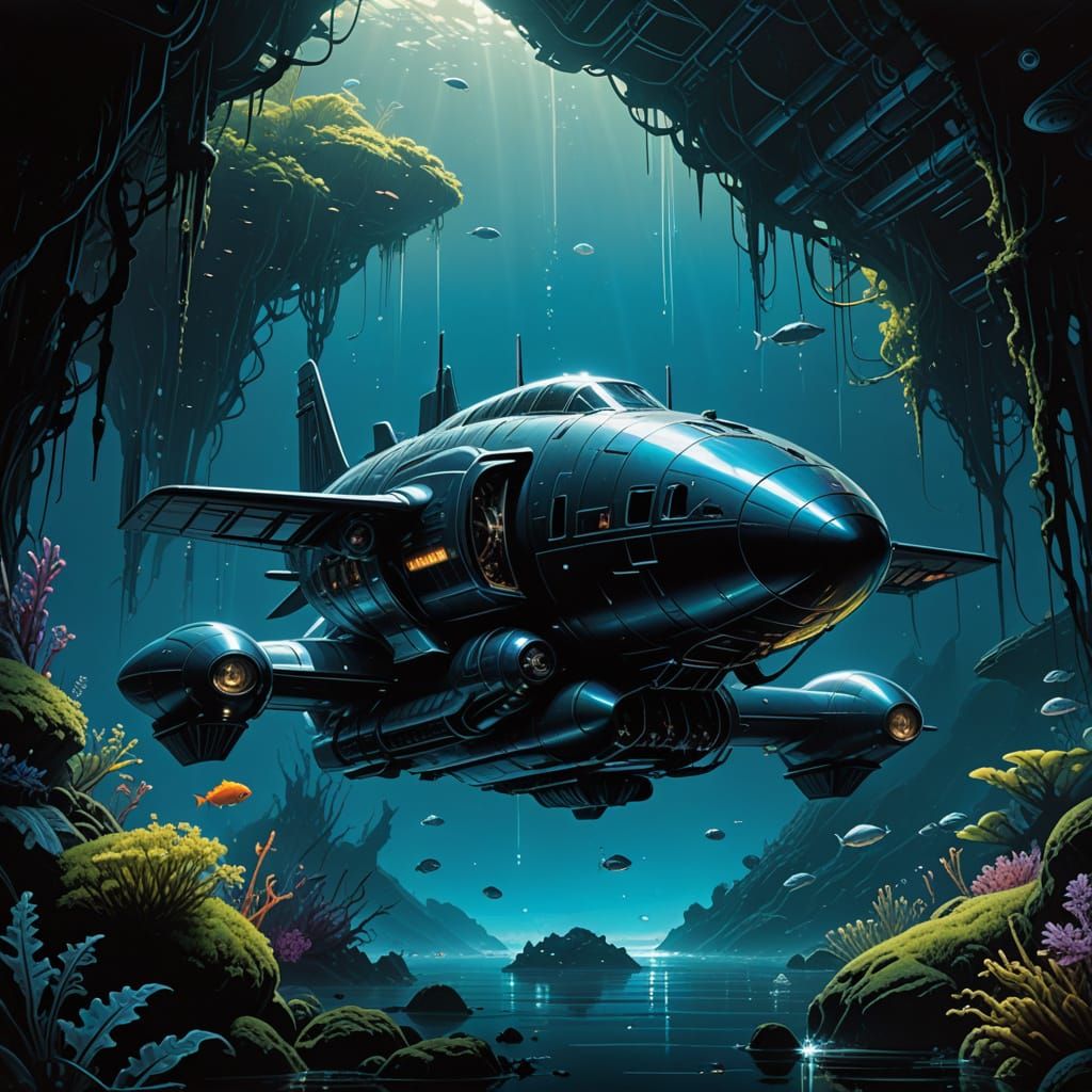 Futuristic Submarine Airplane Plunges into Crystal Ocean Dep...