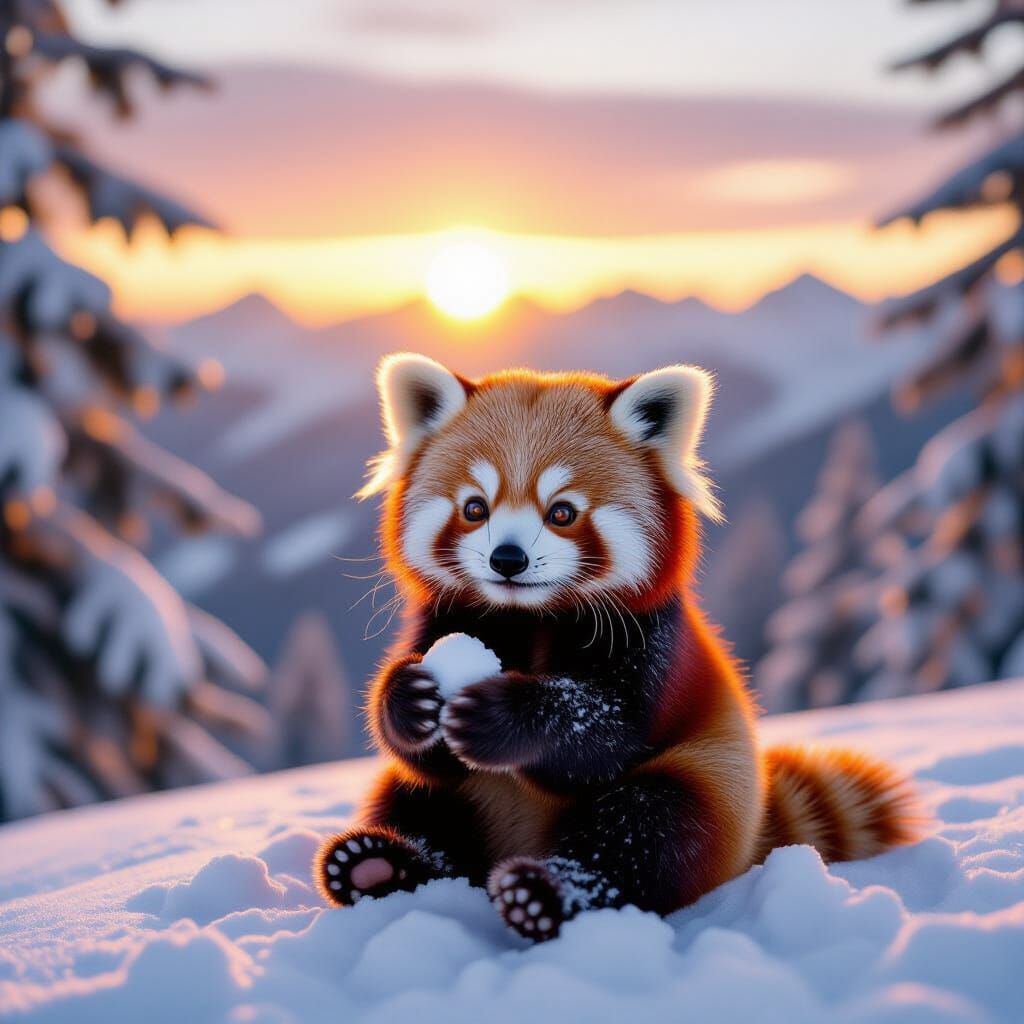 Adorable Red Panda on Snowy Mountain at Sunrise