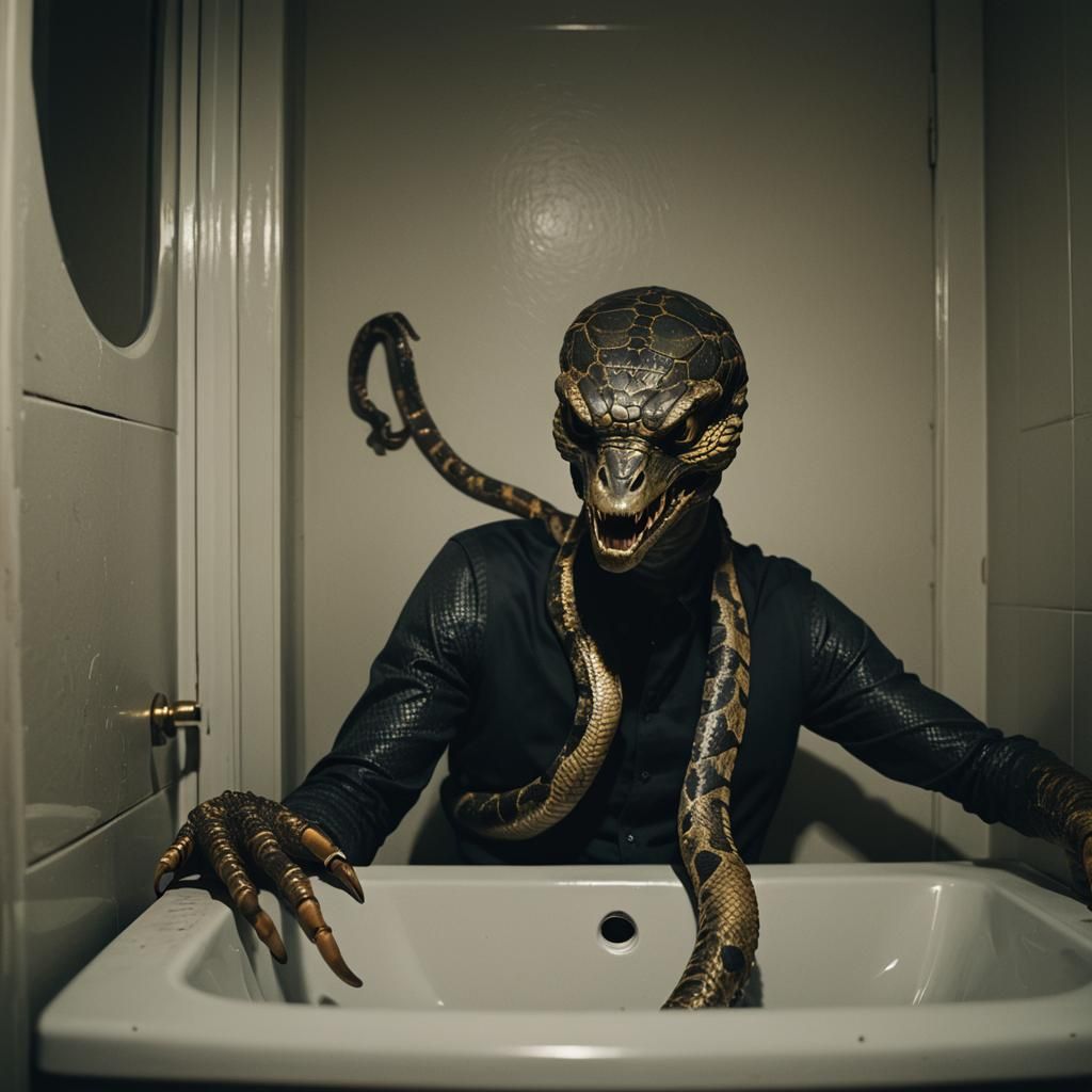 Humanoid Serpent on Phone in Toilet: Cinematic Still