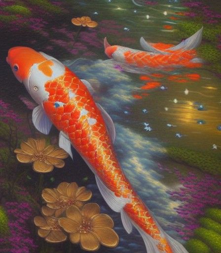 Ethereal Woman with Koi Fish in Dreamy Landscape