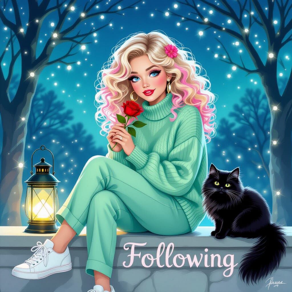 Airbrushed Oil Painting of Whimsical Woman with Pink Hair