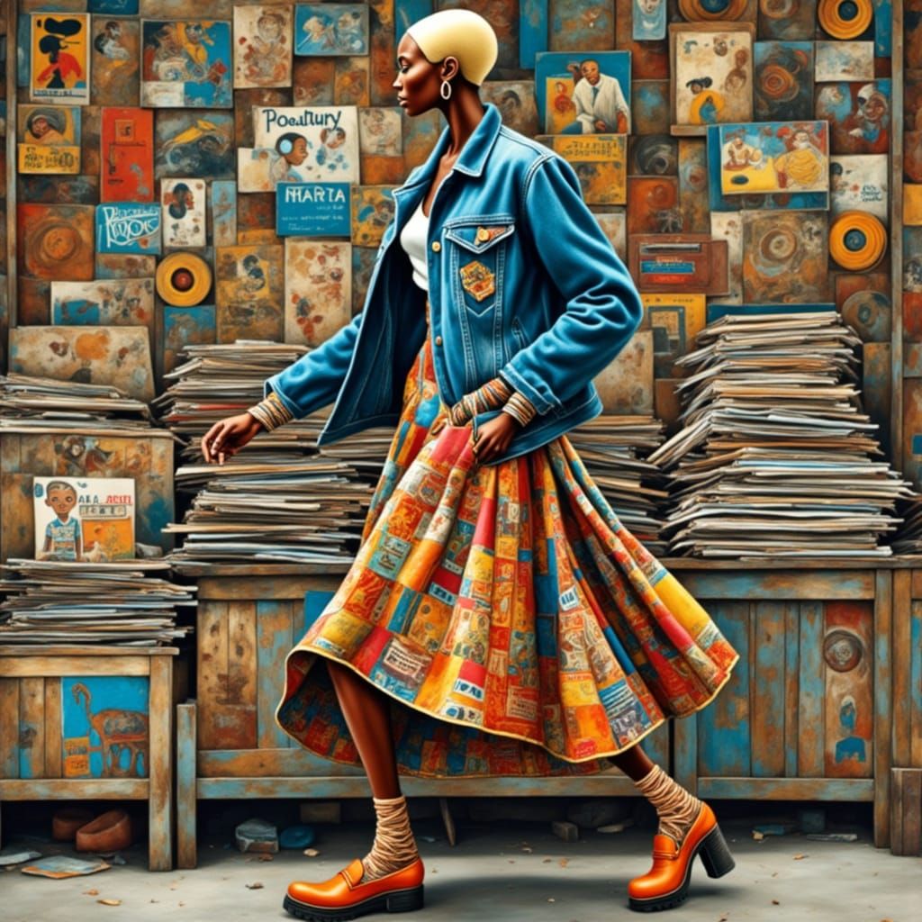 Bald Woman in Ankara Skirt with Vinyl Records