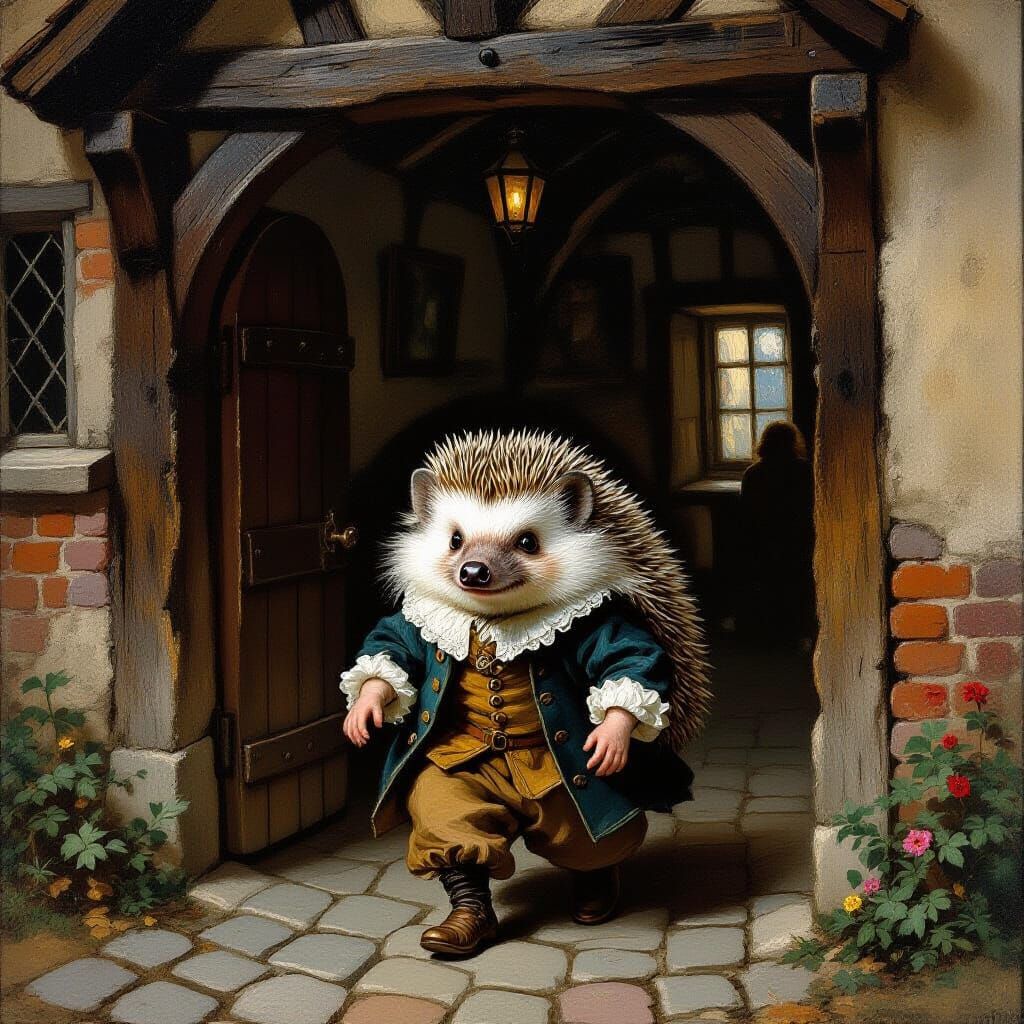 Hedgehog Traveler Enters Old Tavern in Baroque Style