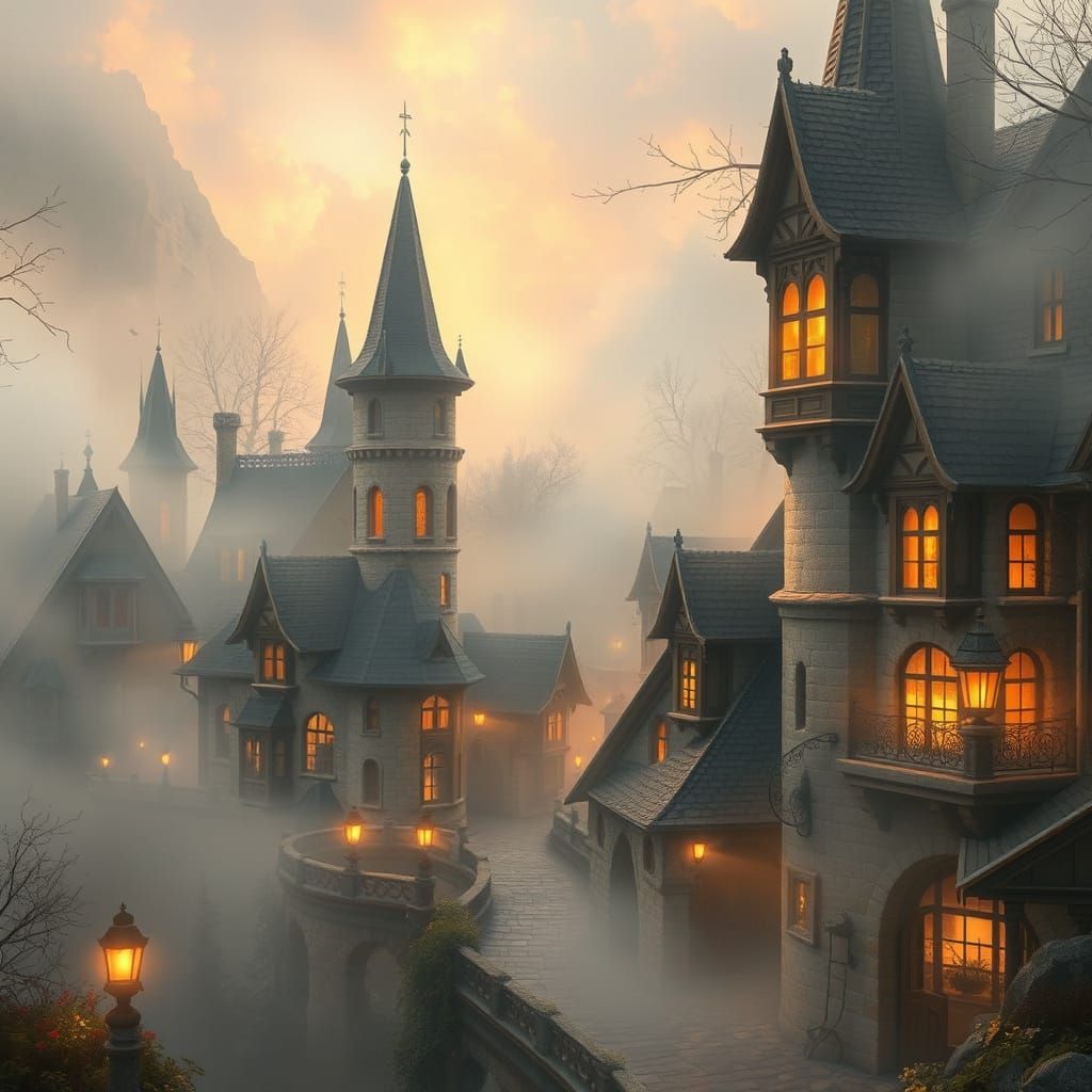 Ethereal Mist Envelops Picturesque Town in Whimsical Style