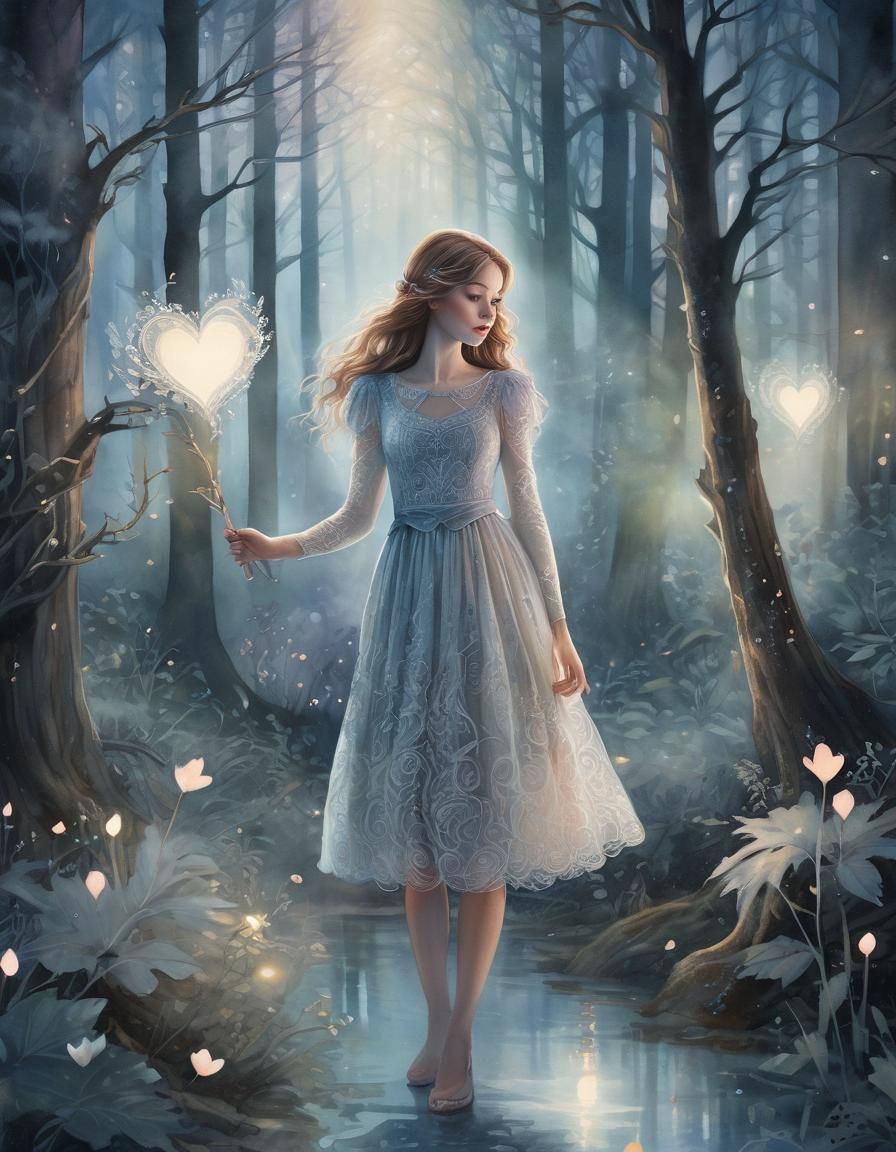 Girl in Misty Forest Following Glowing Heart