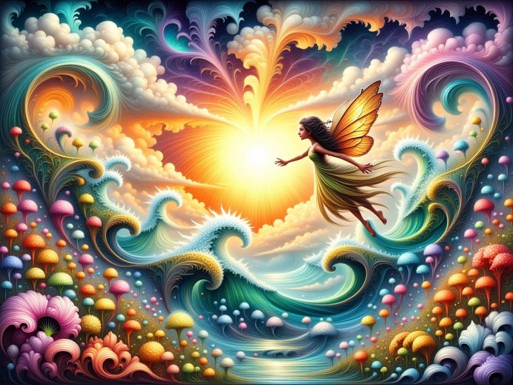 Whimsical Fractal Fairy Soars Above Vibrant Spring Meadow