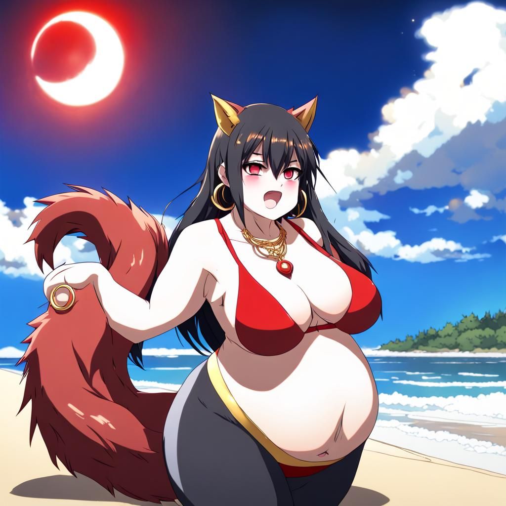 Anime Werewolf Girl with Pregnant Belly on Beach