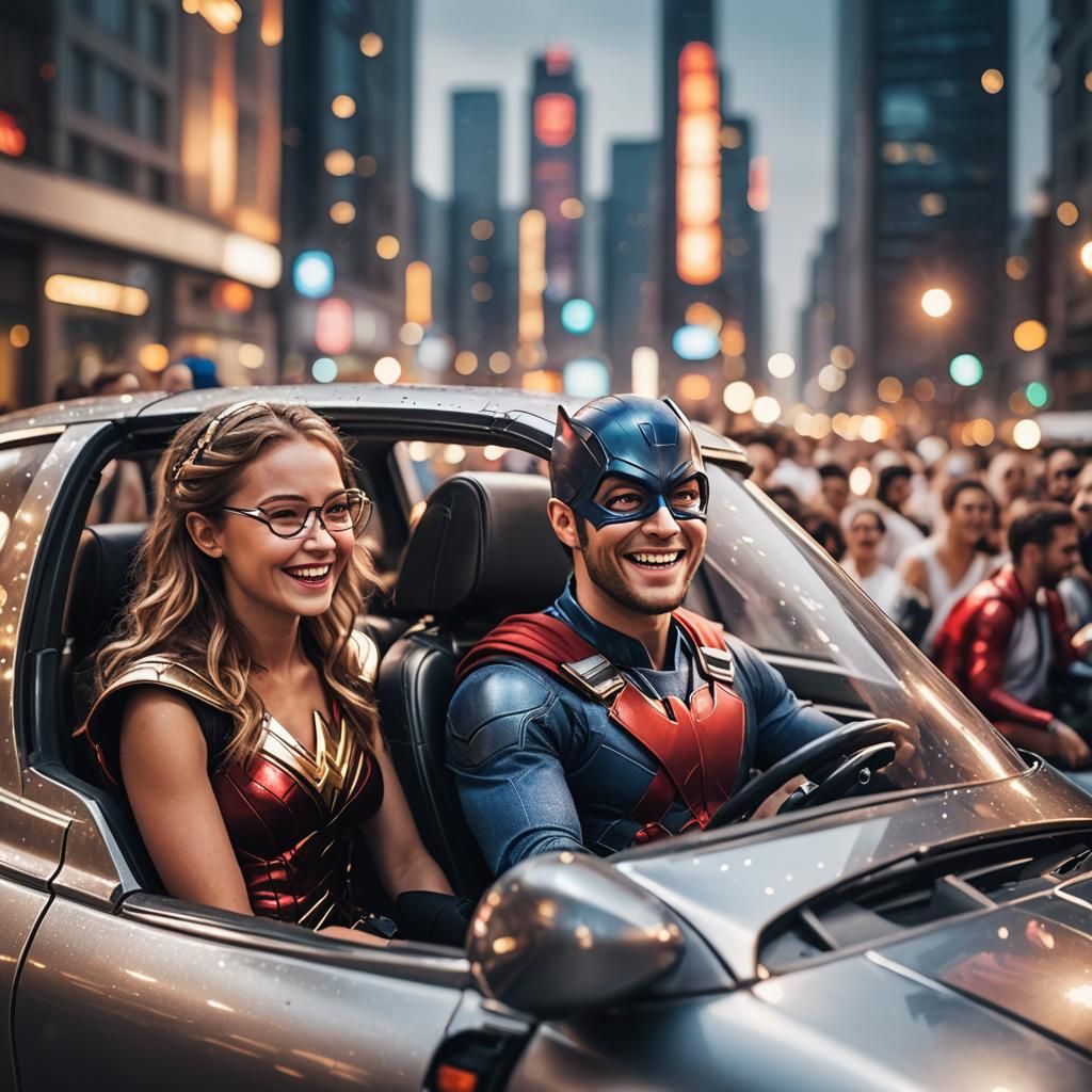Superhero Roadtrip in Futuristic Vehicle: Party and Laughter