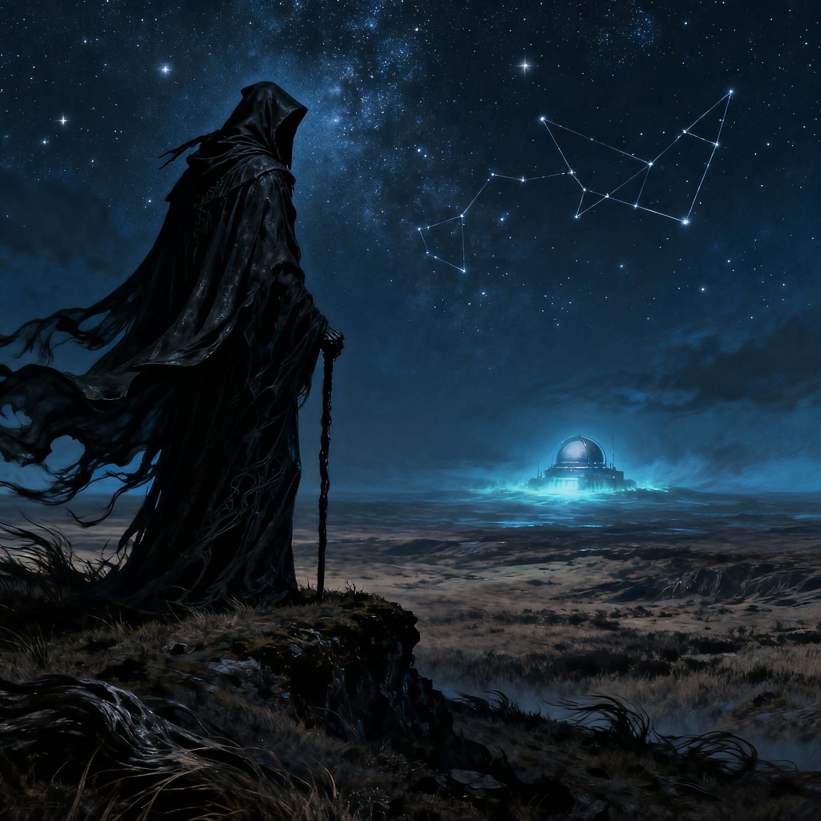 Grim Reaper on Desolate Moor Under Starry Night Sky