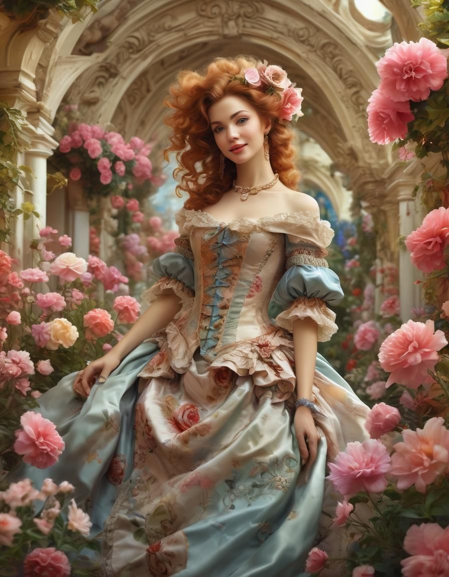 Baroque Woman in Flower Garden Portrait