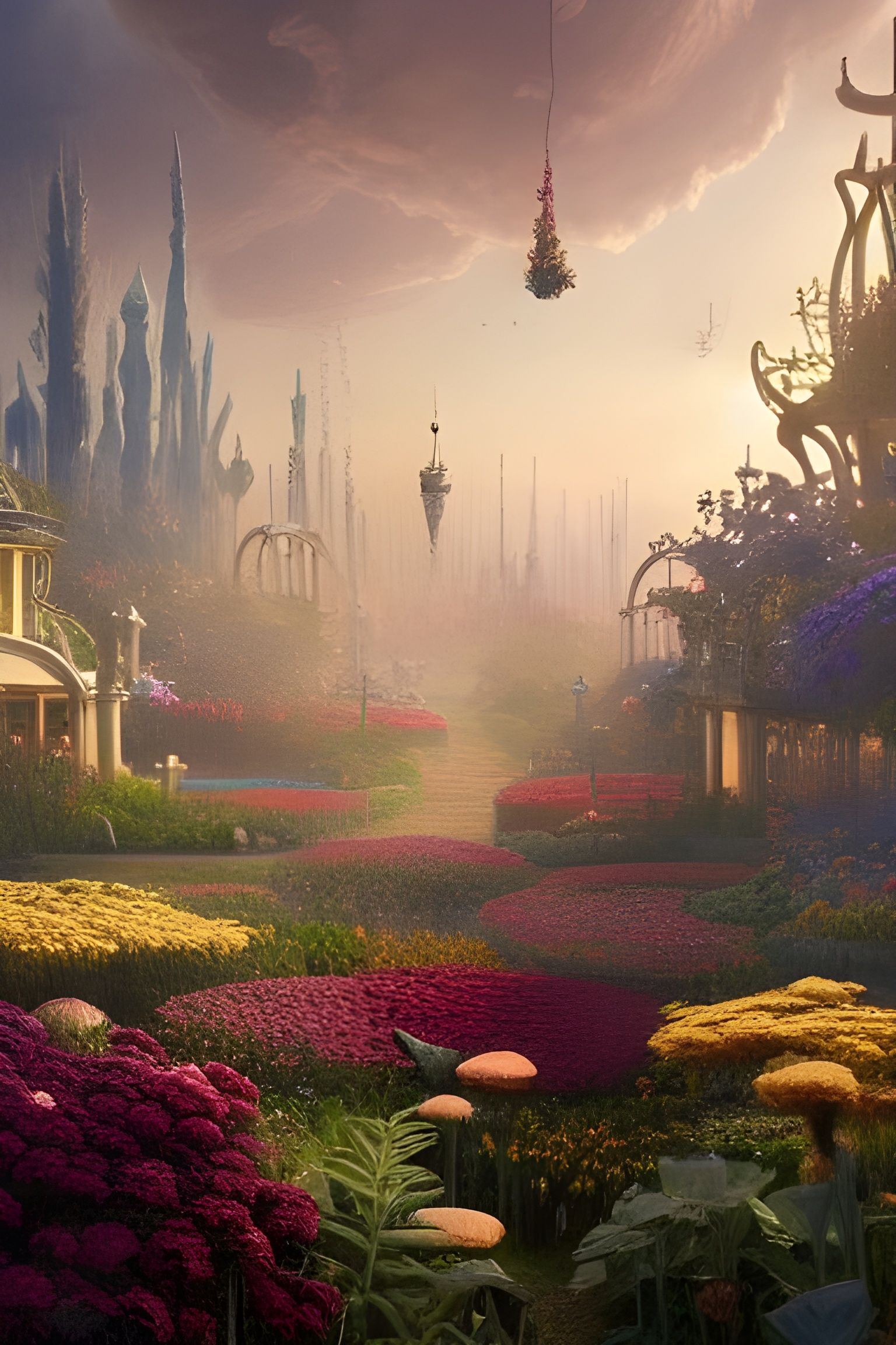 Elven City Flower Garden in Art Nouveau Style