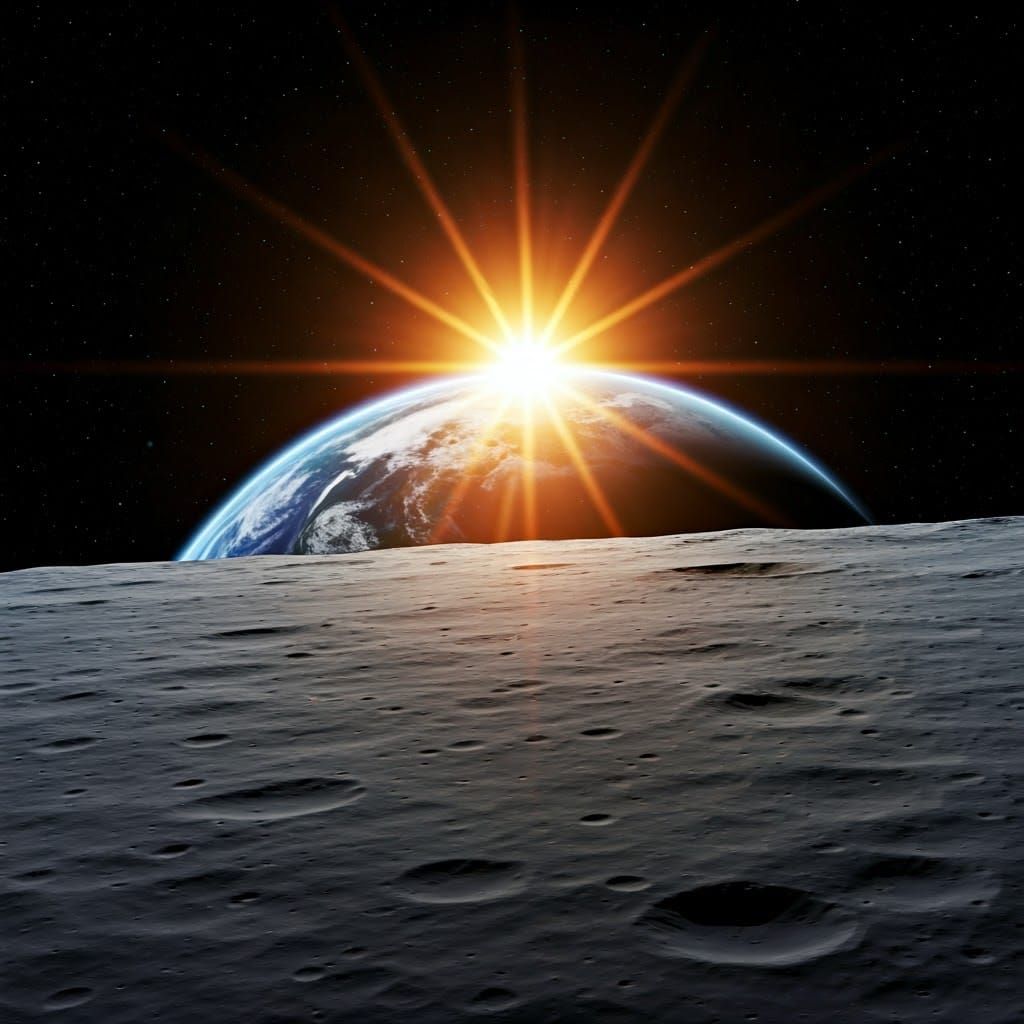 Space In the foreground is the surface of the Moon from which the planet Earth is visible, behind which the Sun rises.