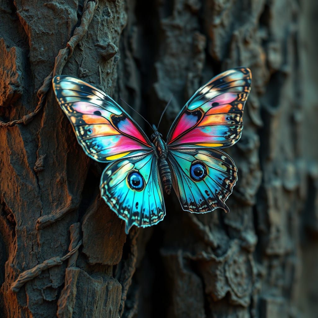 Majestic Butterfly in Ancient Tree Bark Habitat