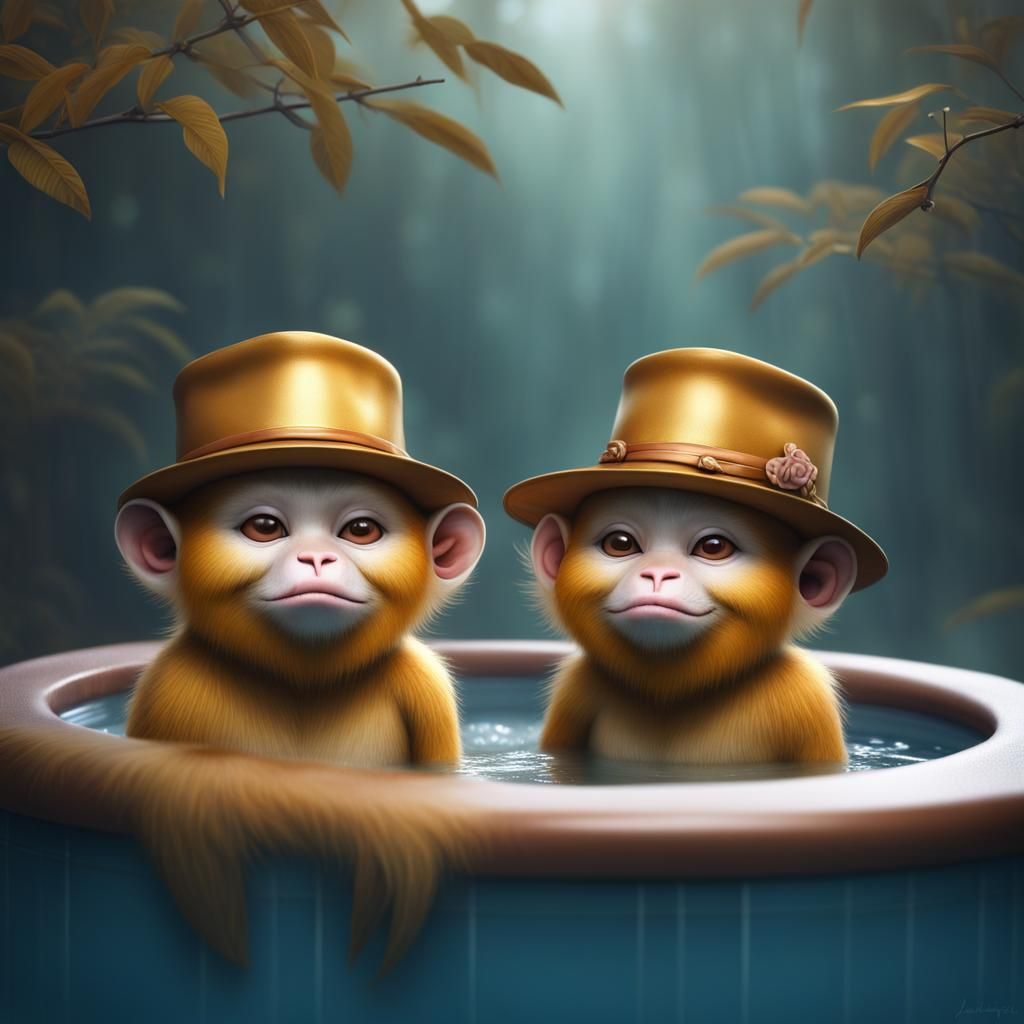 Monkeys in Hot Tub: Japanese Art Style