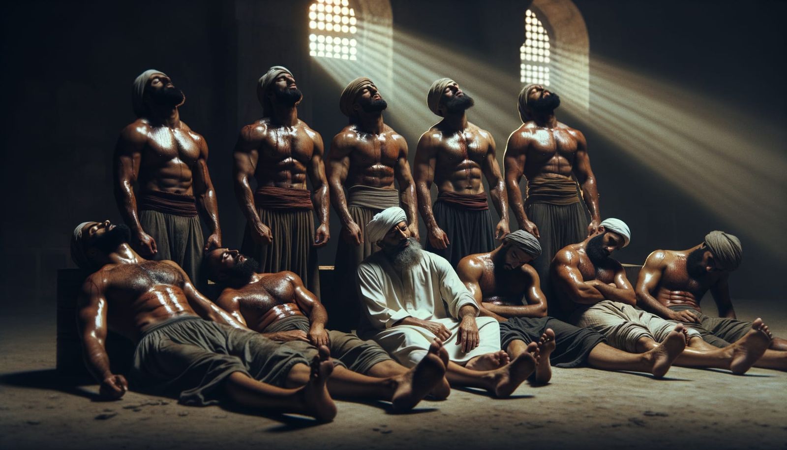 Brotherhood: Sweaty Arab Athletes Resting, Cinematic Still